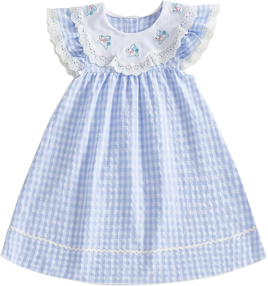 Toddler Baby Girl Easter Outfit Bunny Embroidery Gingham Lace Flutter Sleeve Peter Pan Collar Dre... | Amazon (US)