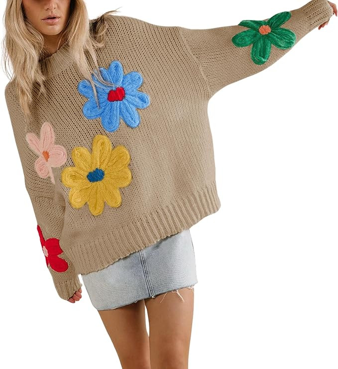 Women Floral Sweater Long Sleeve Round Neck Casual Lounge Colorful Flower Knit Pullover Top | Amazon (US)