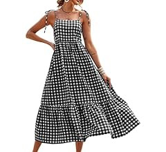 PRETTYGARDEN Summer Dress for Women Plaid Spaghetti Strap Square Neck Tiered Ruffle Flowy Maxi Dr... | Amazon (US)