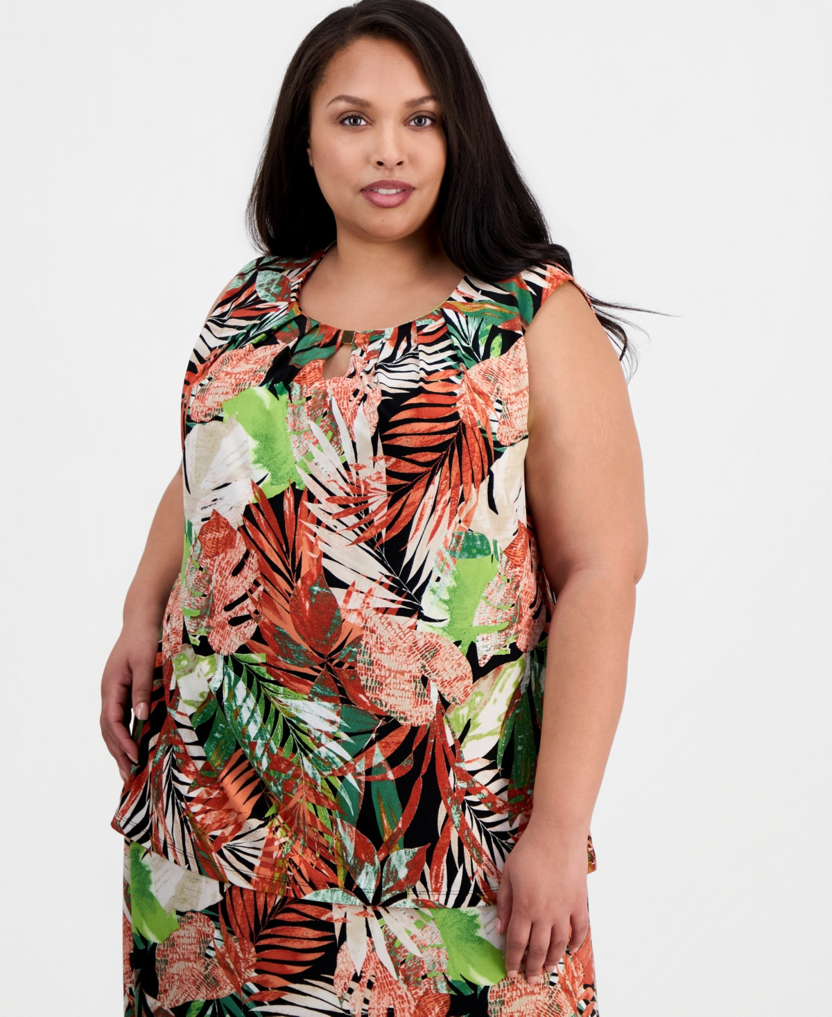 Kasper Plus Size Printed Pleat-Neck Sleeveless Top - Black Multi | Macy's