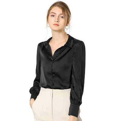 INSPIRE CHIC Women's Puff Long Sleeve Point Collar Vintage Button Work Satin Shirt Black Small | Target