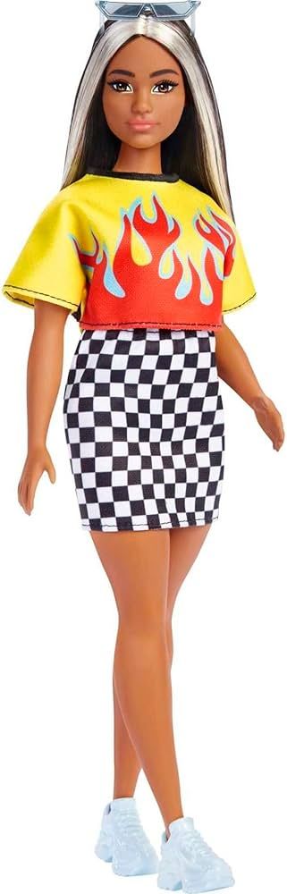 Barbie Fashionistas Doll, Curvy, Long Highlighted Hair & Flame Crop Top, Checkered Skirt, Sneaker... | Amazon (US)