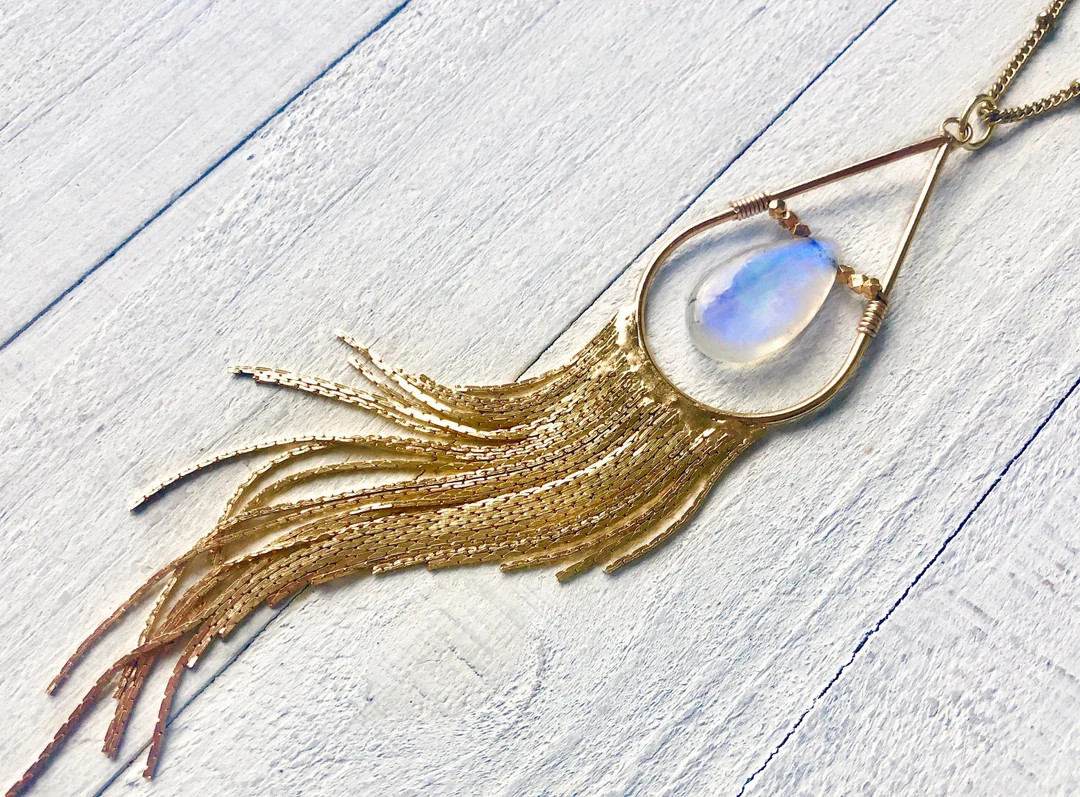 Long Moonstone Necklace Long Tassel Necklace Boho Tassel - Etsy | Etsy (US)