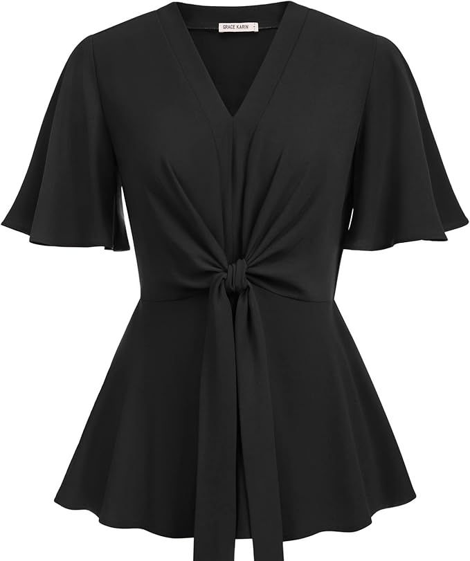 GRACE KARIN 2023 Women's Elegant Peplum Tops V Neck Tie Front Short Bell Sleeve Shirts Tops Blous... | Amazon (US)