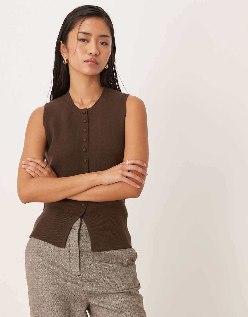 Threadbare crew neck cardigan vest in chocolate brown | ASOS (Global)