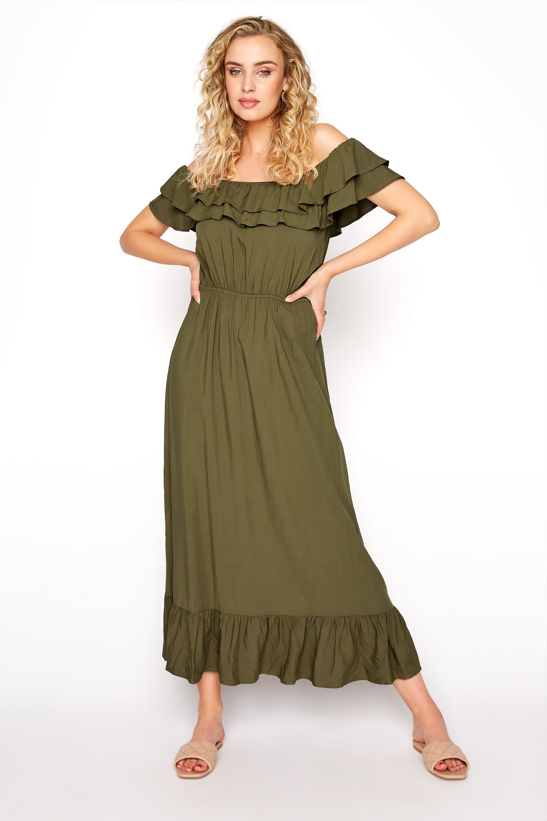 LTS Tall Khaki Green Double Frill Bardot Midi Dress | Long Tall Sally