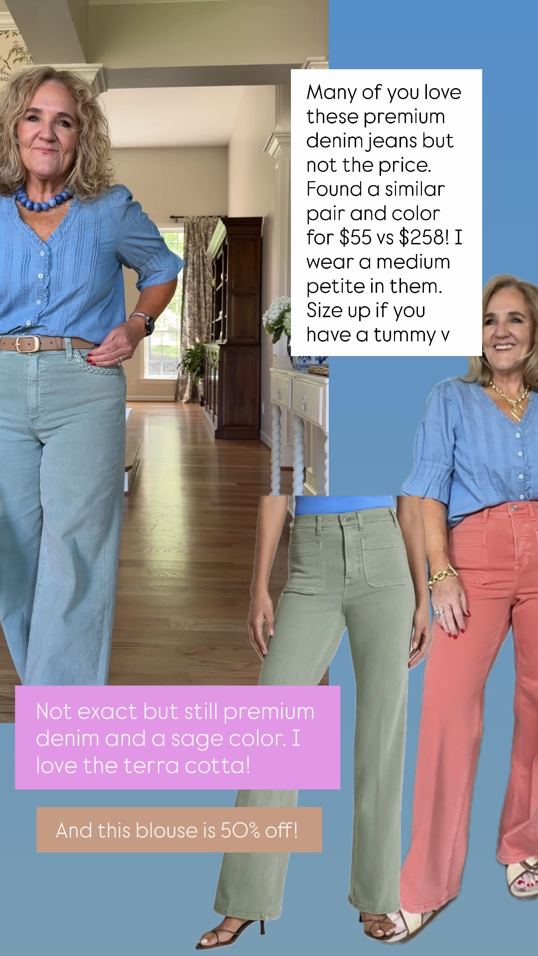 Grab these spanks jeans in this sage green color to get that same look as the premium denim that I love.
In Paige denim, I wear a size 29
In spanx denim, I wear a medium petite
Extra 30% off the sale prices at spanks it’s a great time to shop!
Shambre blouse goes with everything and I’m wearing a small

#LTKSaleAlert #LTKOver40 #LTKootd