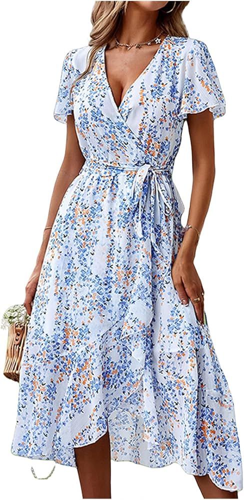 FQFGGYD Women's Wedding Guest Dresses Sundresses Summer Dresses for Women Ruffled Midi Dress Slit... | Amazon (US)