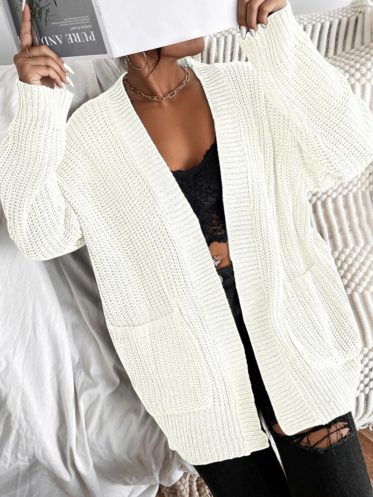 Solid Dual Pockets Ribbed Knit Cardigan | SHEIN