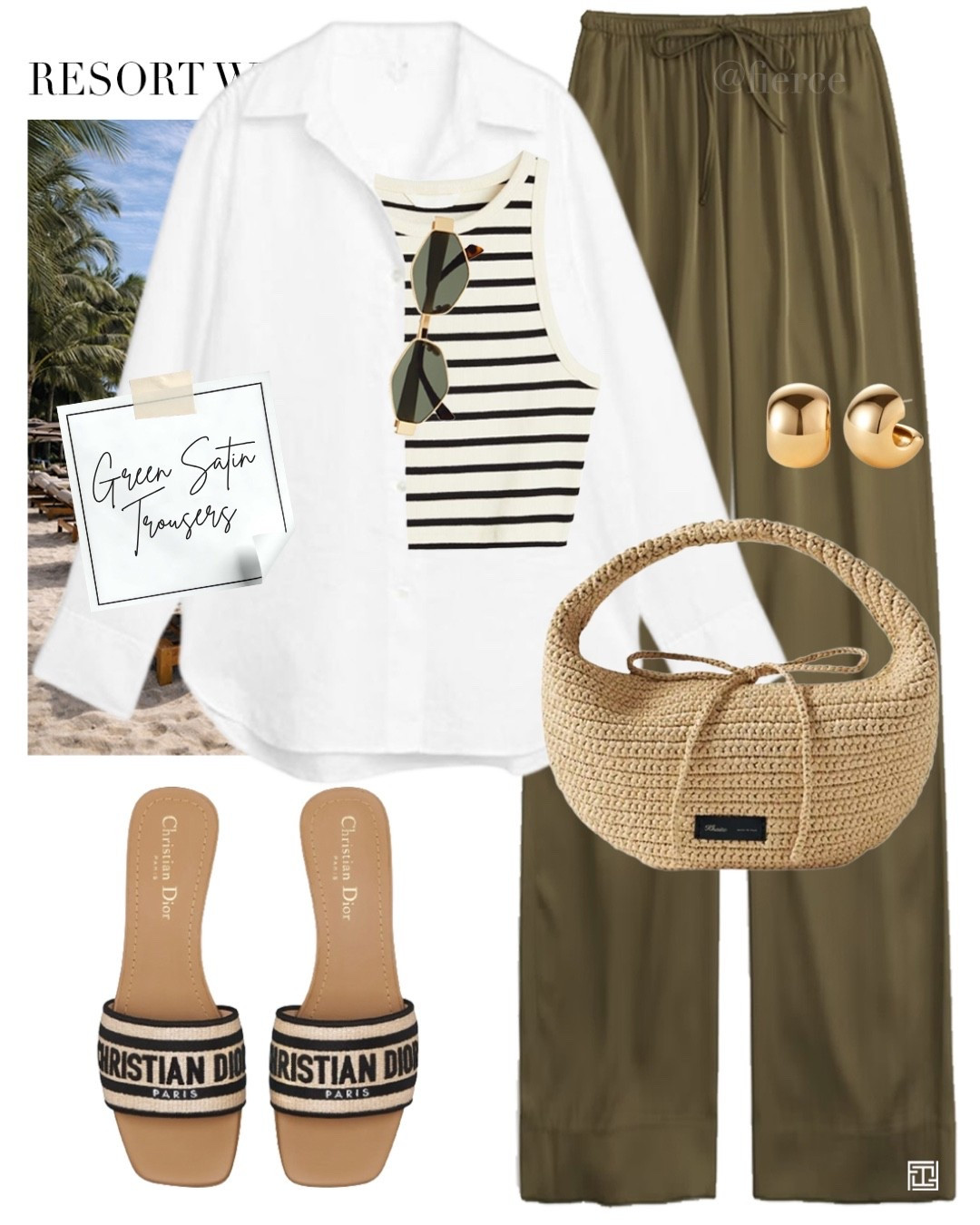 Green satin trousers striped top white linen shirt raffia bag casual resort wear vacation 

#LTKuk #LTKeurope #LTKtravel