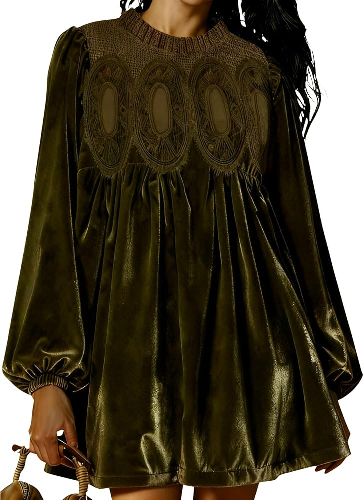 Womens A-Line Velvet Lace Overall Pleated Swing Babydoll Casual Skirtall Scallop Neck Flared Wedd... | Amazon (US)