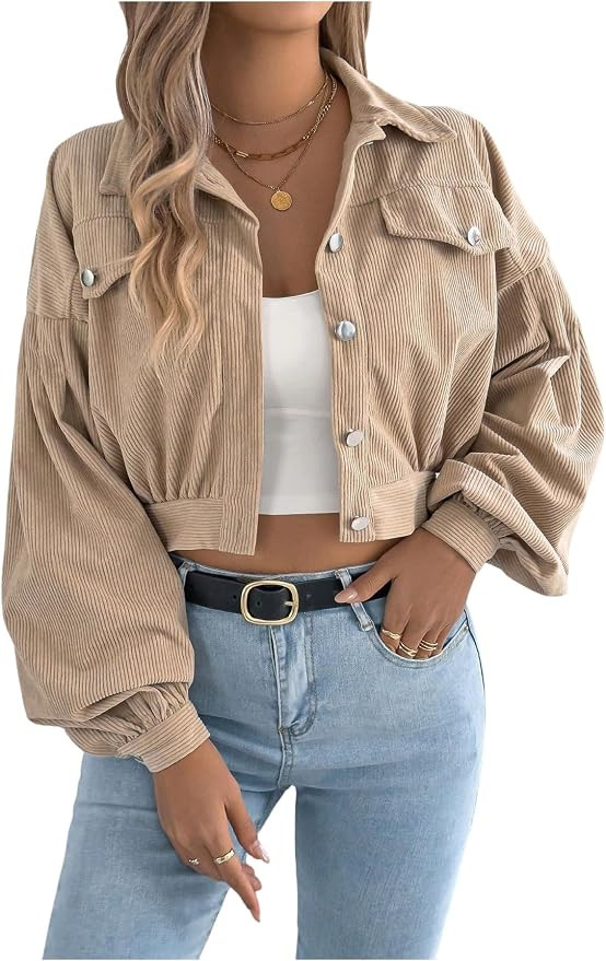 WDIRARA Women's Corduroy Cropped Jacket Collared Button Down Lantern Long Sleeve Jacket Outerwear | Amazon (US)
