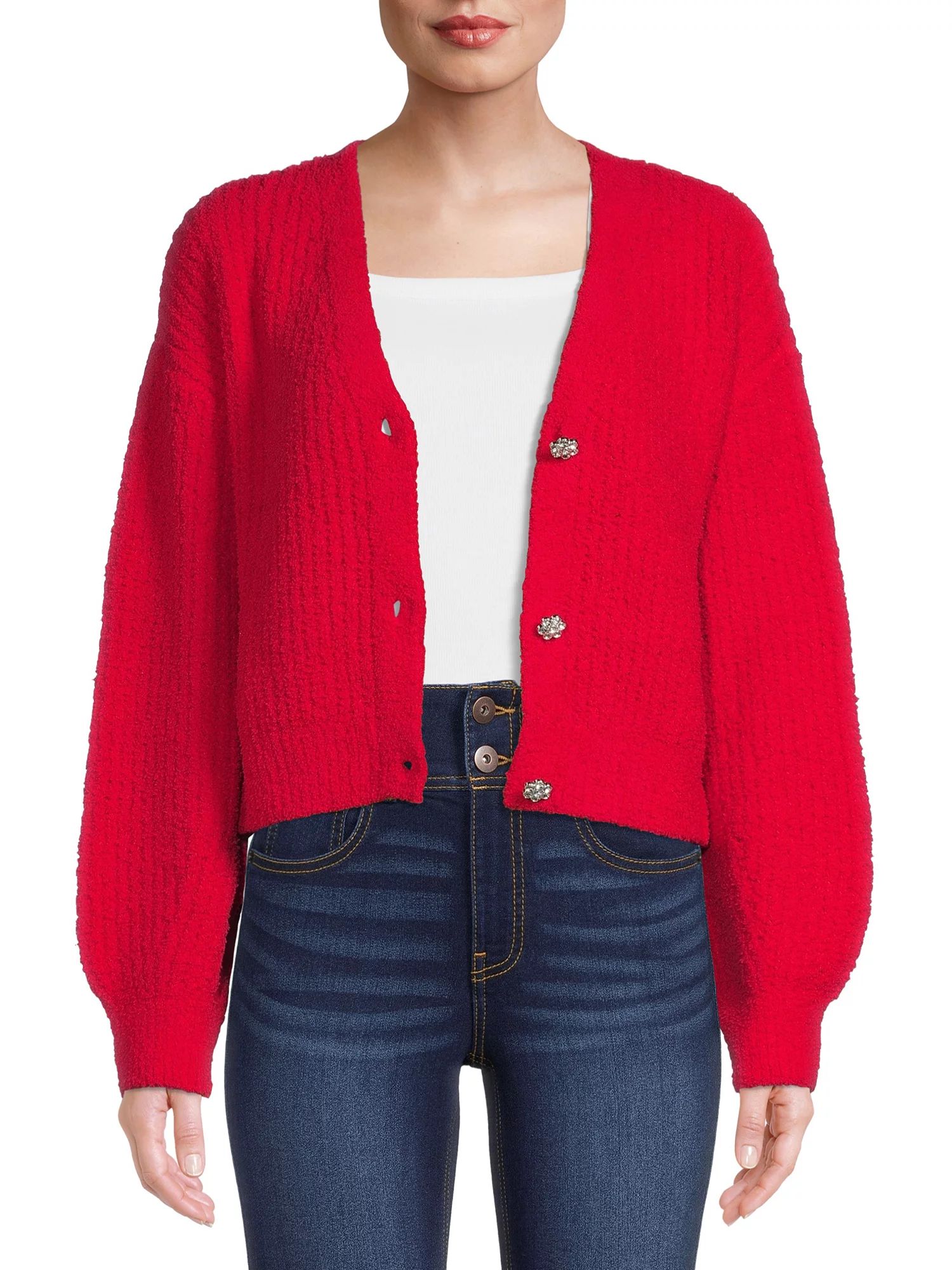 No Boundaries Juniors Ribbed Jewel Button Cardigan | Walmart (US)