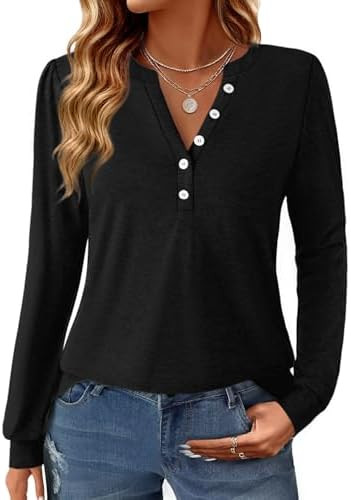 Women's Puff Long Sleeve Tunic V Neck Button Blouses Fall Tops Trendy Dressy Casual Business Henl... | Amazon (US)