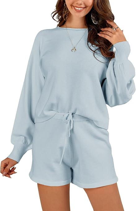 FISACE Womens 2 Piece Knit Outfits Batwing Sleeve Lounge Sets Casual Crop Top Shorts Sweatsuit | Amazon (US)