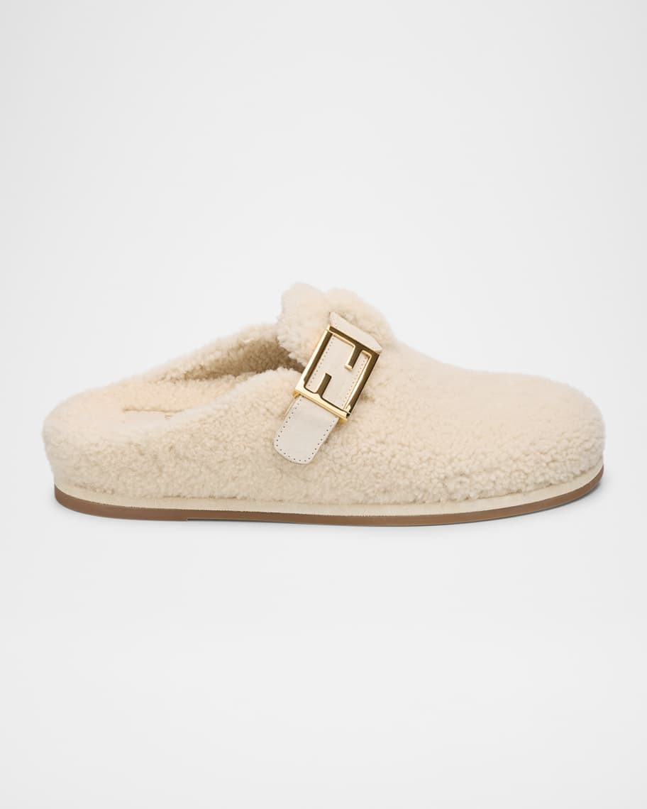 Fendi Shearling Buckle Sabot Mules | Neiman Marcus