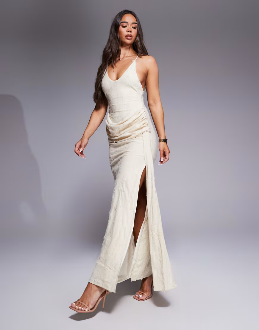 ASOS DESIGN textured cross back maxi dress with drape detail in cream-White | ASOS (Global)