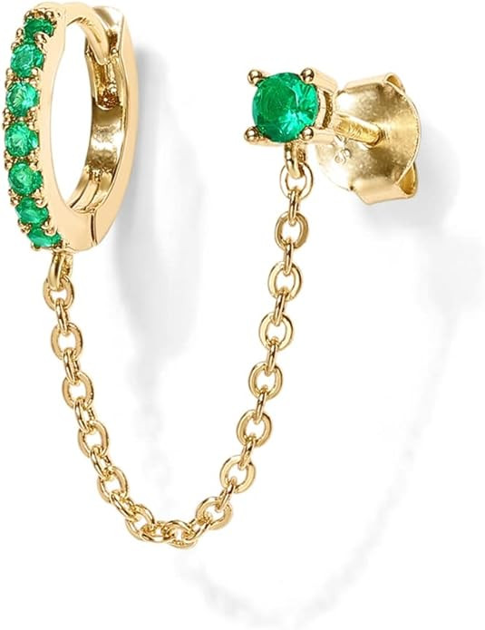 PAVOI 14K Gold Chain Earrings for Women | Double Piercing Dangle Chain Huggie Hoop Earrings | Cub... | Amazon (US)