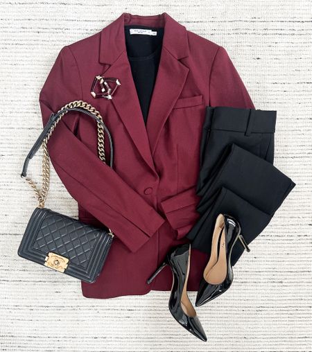 Business professional outfit with black knit top paired with black pants and a wine red blazer for a chic look. Great for the holidays, workwear and more. Use code HKCUNG20 for 20% off the top and blazer when purchasing your first order 

#LTKstyletip #LTKworkwear #LTKSeasonal