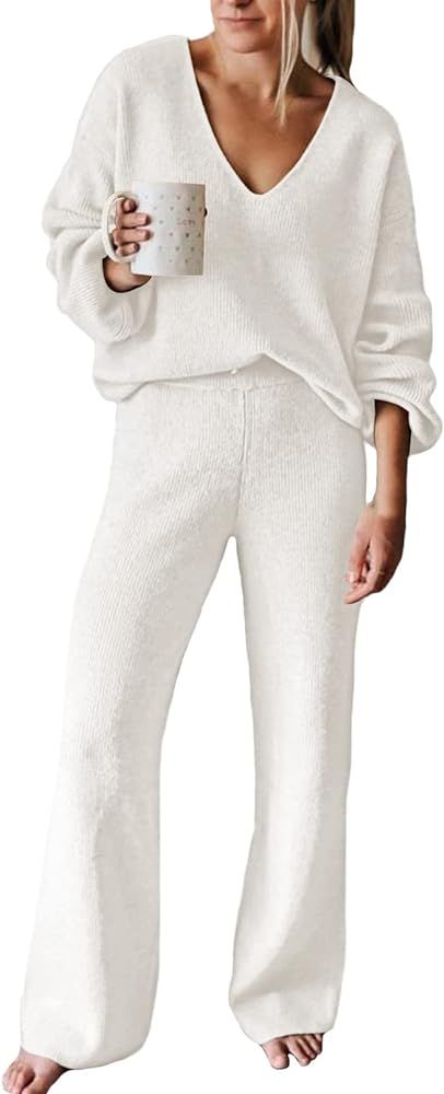 Meenew Womens 2 Piece Sweatsuit V Neck Slouchy Pullover Sweater Wide Leg Pants Set Casual Loose L... | Amazon (US)