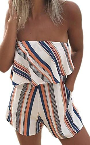 ECOWISH Women Off Shoulder Romper Strapless Floral Print Striped Beach Shorts Jumpsuit | Amazon (US)