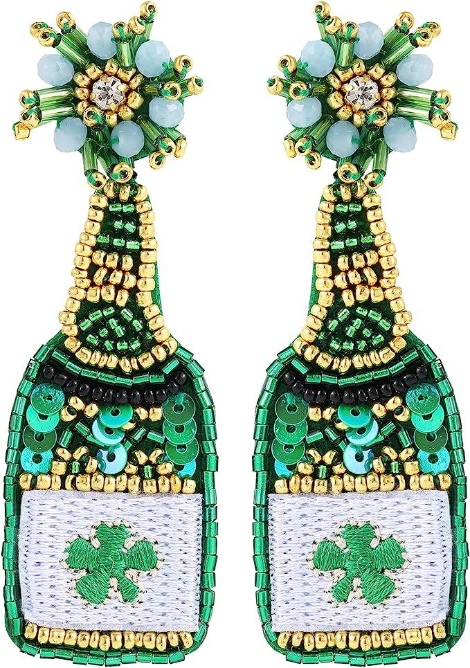St. Patrick's Day Earrings Green Leaf Beaded Earrings for Women Handmade Shamrock Lucky Hat lepre... | Amazon (US)