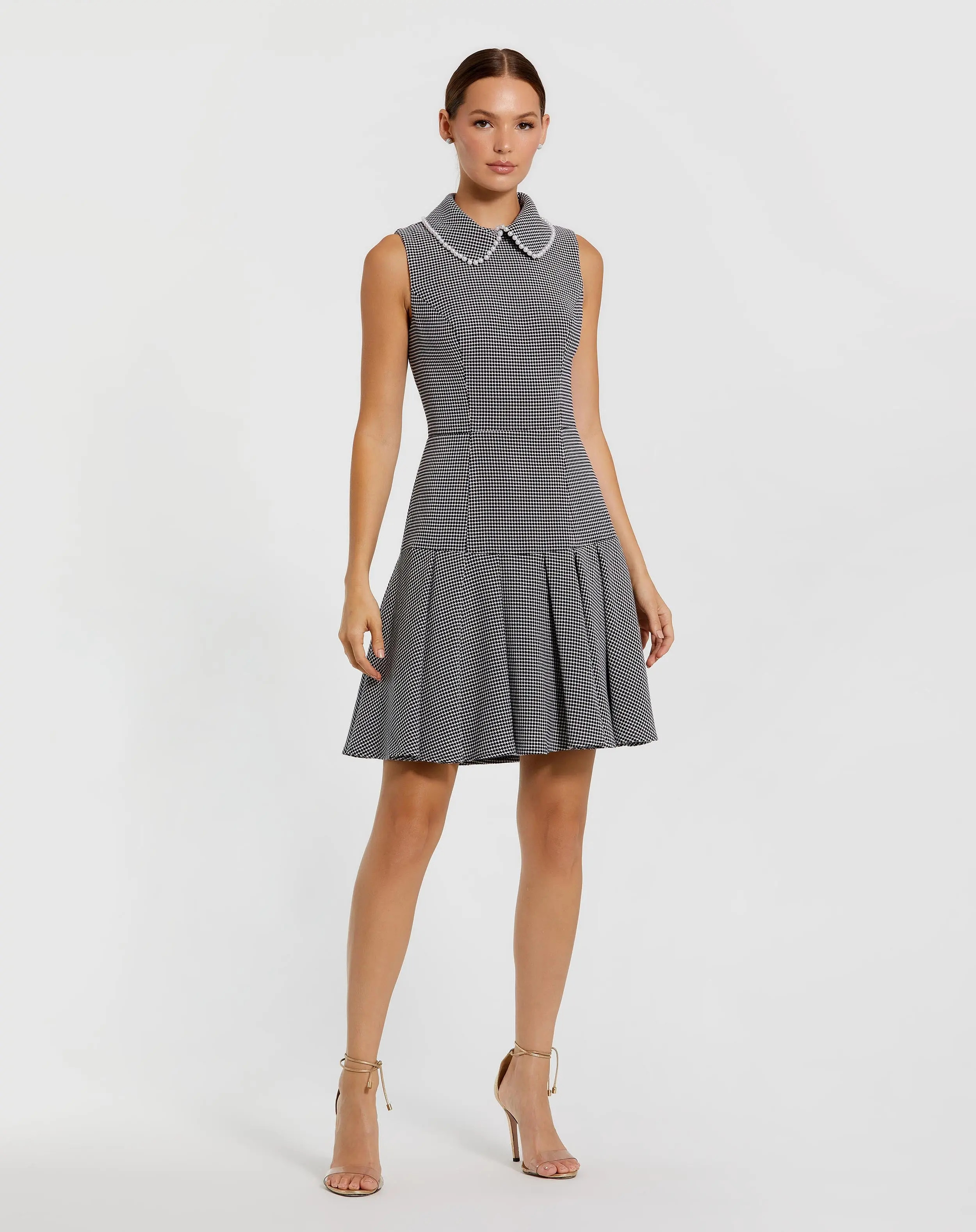 Ieena for Mac Duggal - Black Sleeveless Collared Boucle Mini Dress - Black White / XS | Mac Duggal