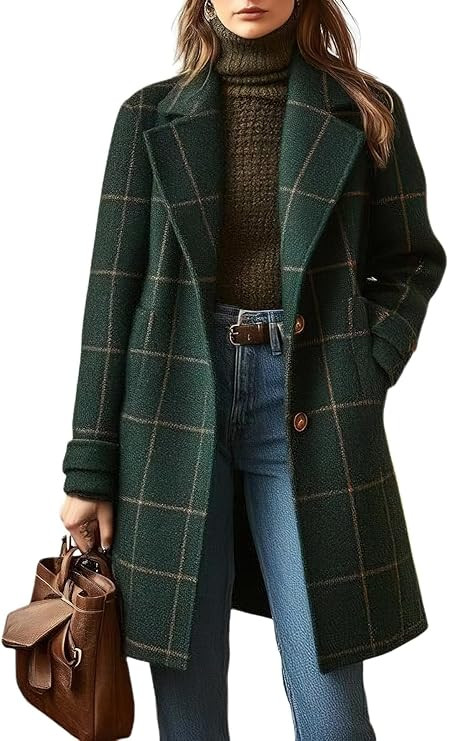 chouyatou Women's Winter Notched Collar Plaid Wool Trench Coat Button Down Mid Long Overcoat Oute... | Amazon (US)