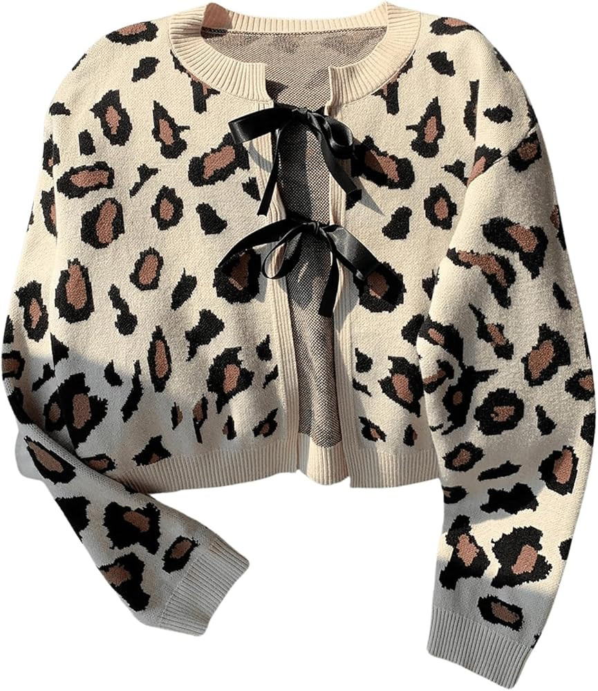 Women's Long Sleeves Open Front Leopard Print Bow Tie Front Cardigan Long Sleeve Y2K Knitted Card... | Amazon (US)