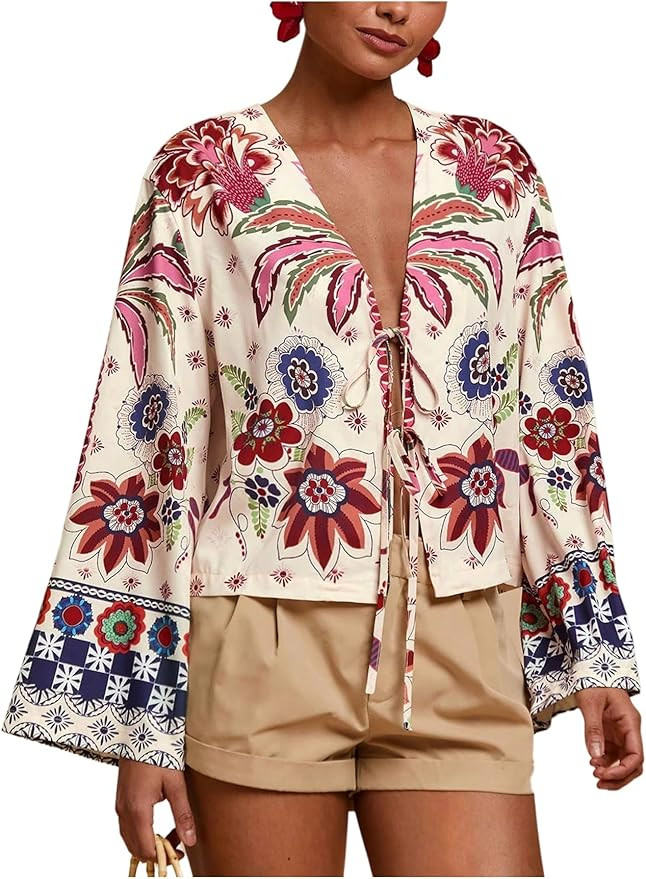 GORGLITTER Women's Floral Boho Bow Blouse Long Bell Sleeve Tie Front V Neck 90s Shirts Tops | Amazon (US)
