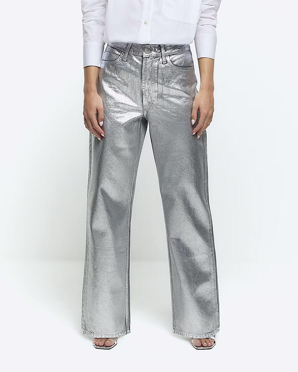 Petite silver straight coated jeans | River Island (UK & IE)
