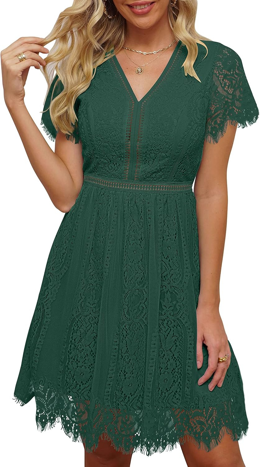 MEROKEETY Women's V Neck Floral Lace Wedding Dress Short Sleeve Cocktail Party Dress | Amazon (US)