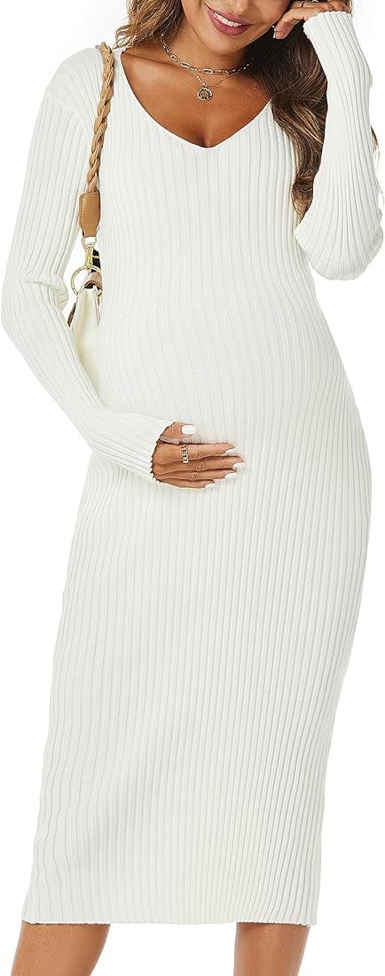 WANTROY Maternity Dress Long Sleeve V Neck Knit Stretchable Sweater Dresses Pregnancy Clothes for... | Amazon (US)