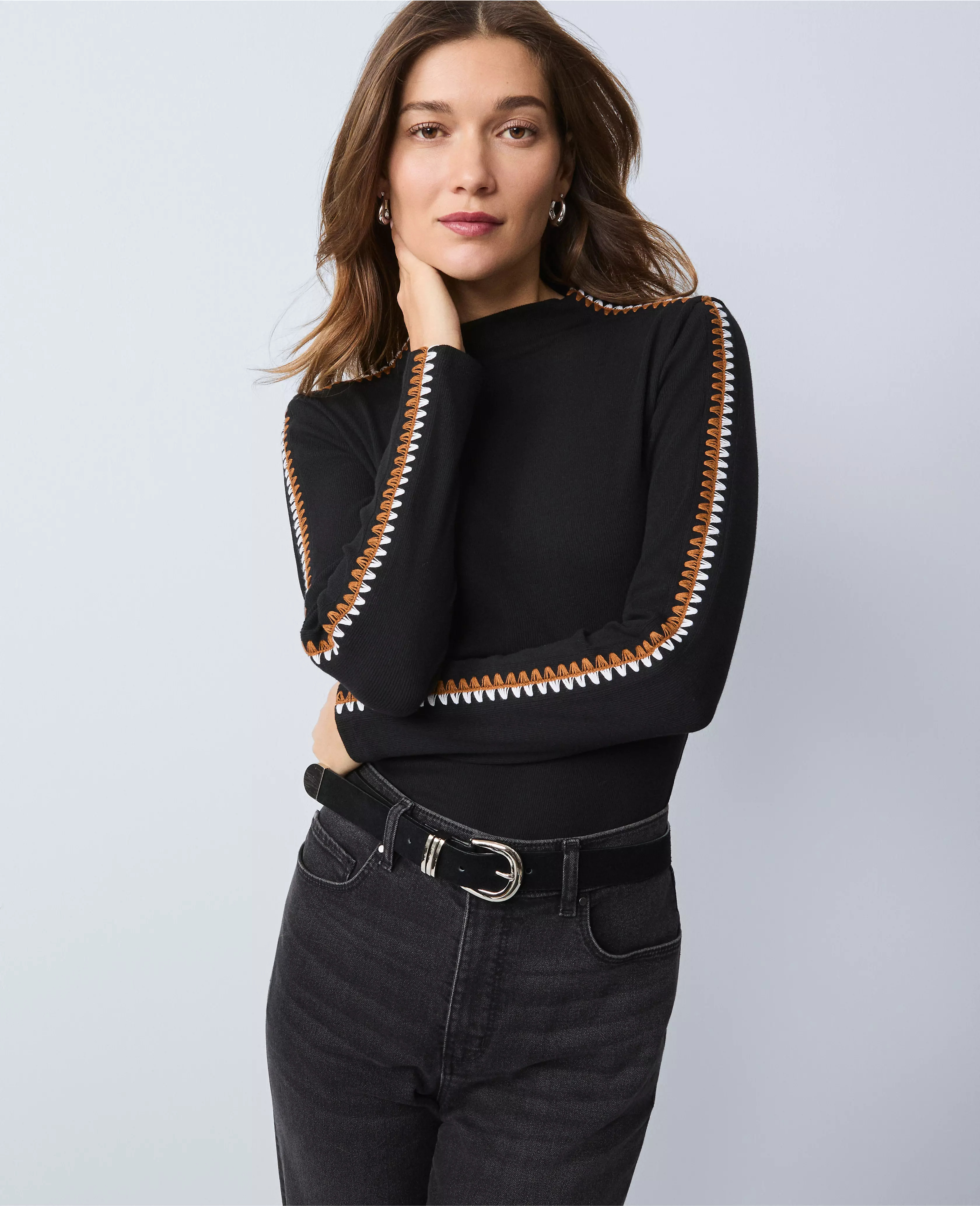 Weekend Collection Crochet Trim Mock Neck Top | Ann Taylor