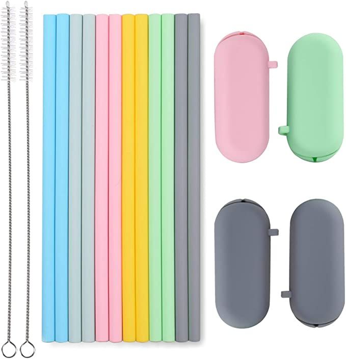 Sunseeke Silicone Straws Set - Odorless, 12 Standard Reusable Drinking Straws, 4 Carry Pouch, 2 C... | Amazon (US)