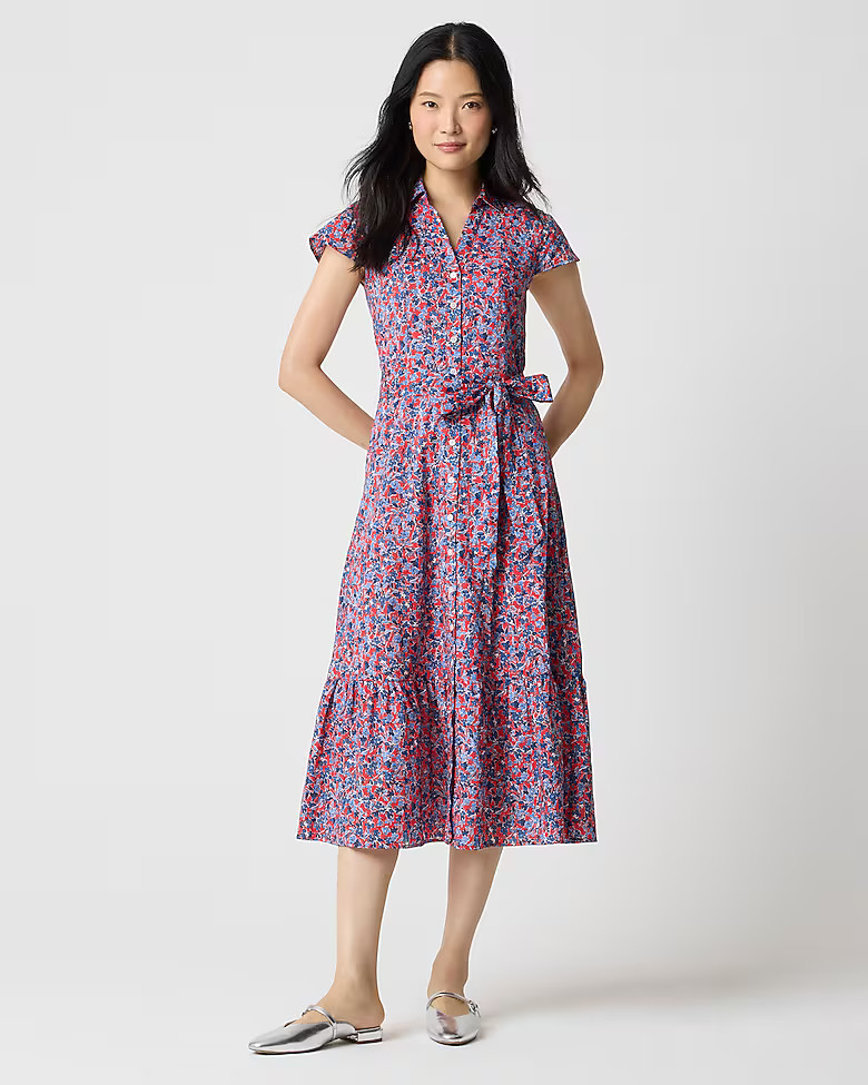 Printed tie-waist midi shirt-dress | J.Crew Factory