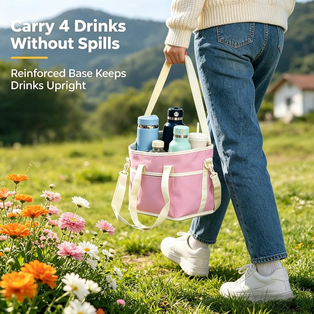 4 Compartment Drink Carrier Bag, Insulated Reusable Tote for 4 Tumblers with Adjustable Strap, Pe... | Amazon (US)