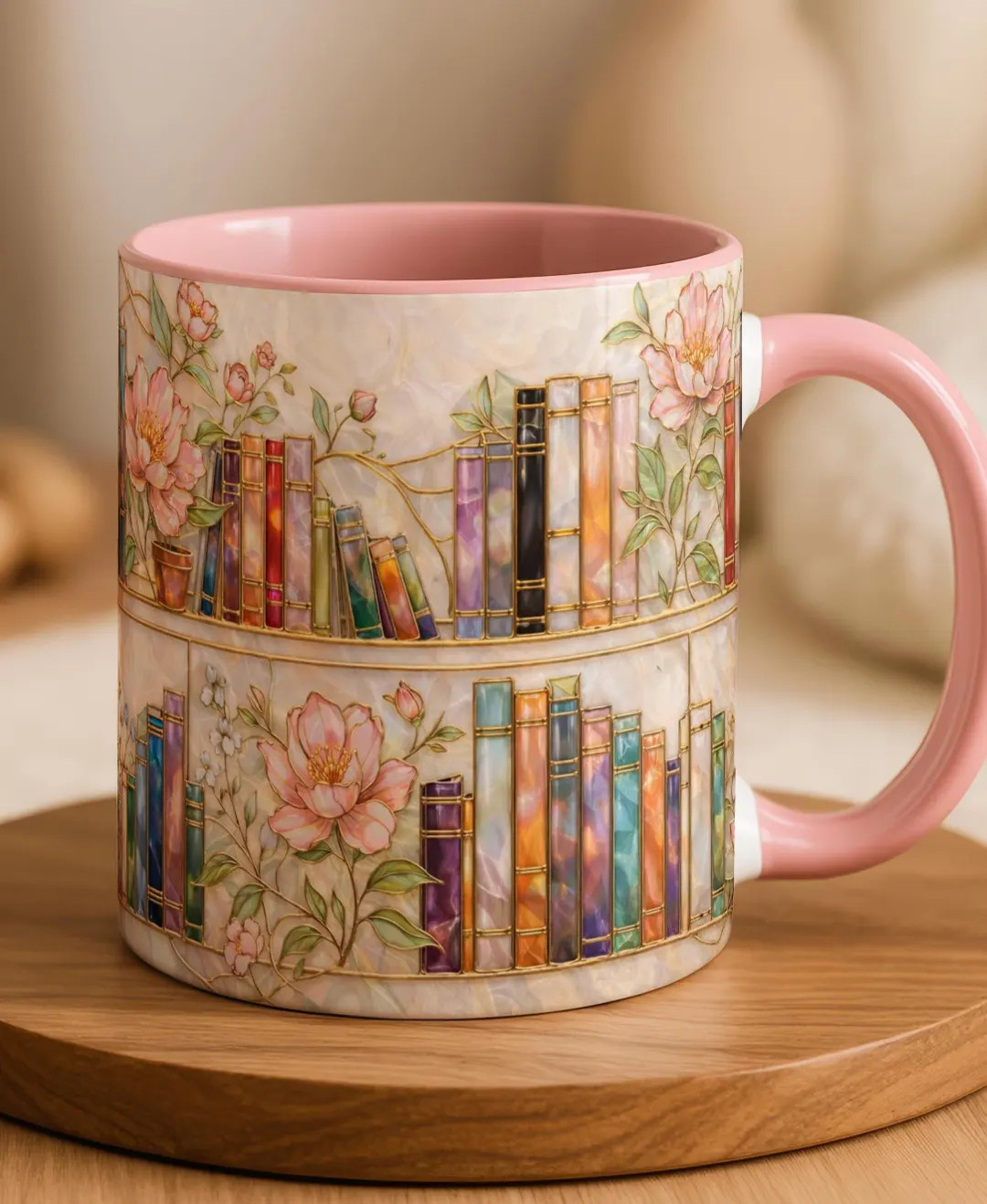Stained-glass Style Floral Bookshelf Mug, Book Lover Gift, Bookish Mug, Library Cup 15oz - Etsy C... | Etsy (Global)