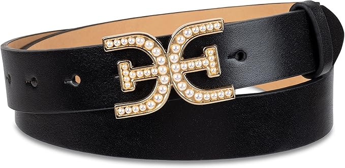 Sam Edelman Women's Imitation Pearl Embellished Double-E Logo Plaque Buckle Leather Belt for Jean... | Amazon (US)