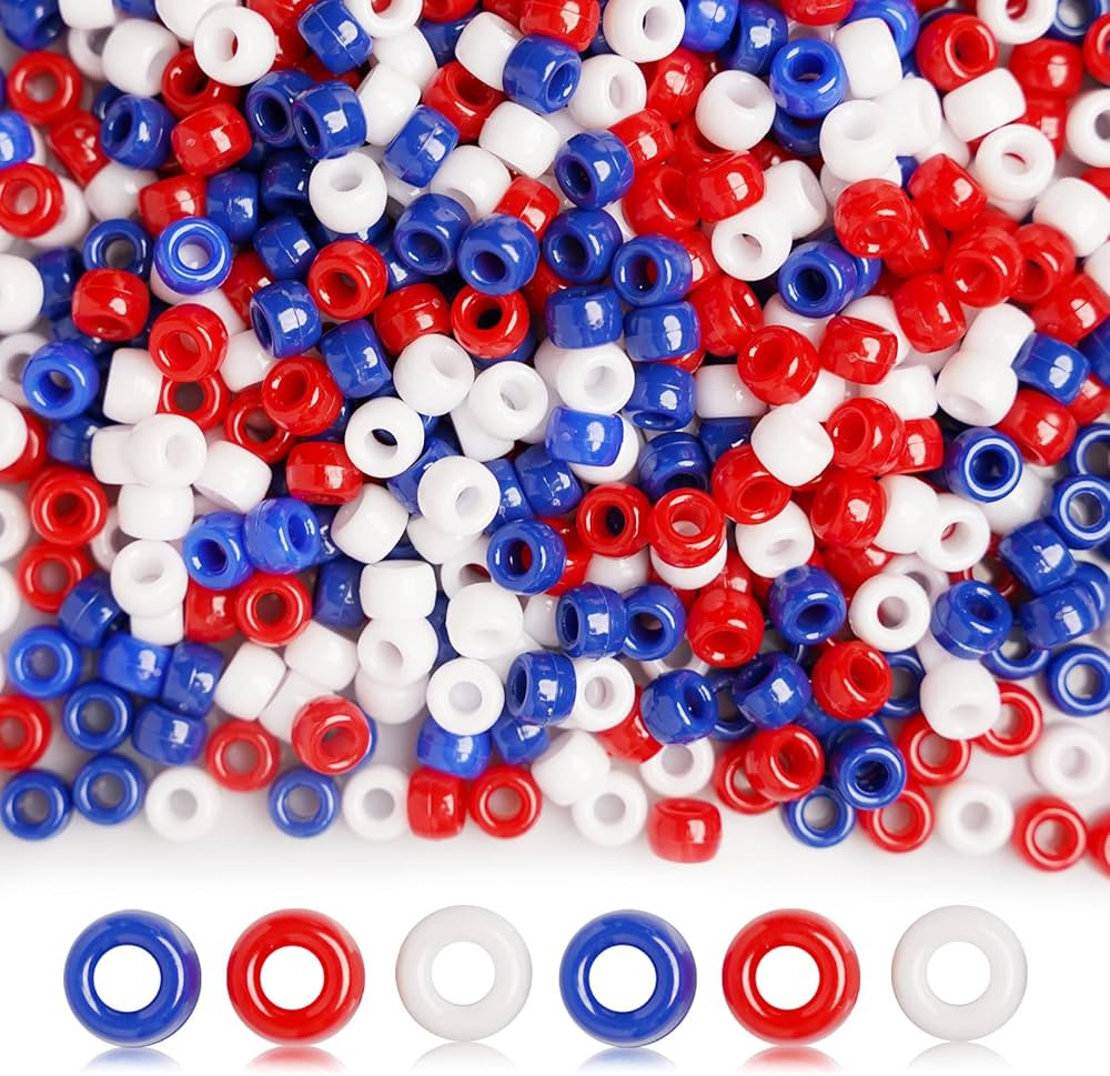 1200Pcs 6x9mm Red White and Blue Pony Beads, Plastic Independent Day Pony Beads for DIY Bracelet ... | Amazon (US)