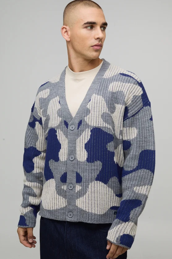 Oversized Boxy Ribbed Camo Knitted Cardigan | boohooMAN (US & Canada)