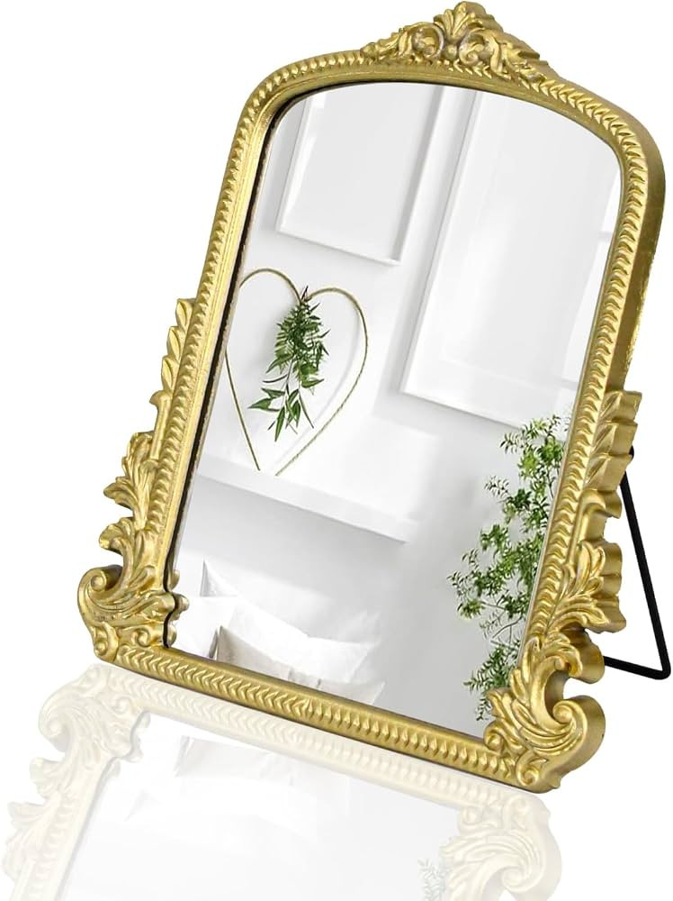 Champagne Gold Vintage Vanity Mirror,Small Decorative Table Top Mirror,Baroque Arched Makeup Desk... | Amazon (US)