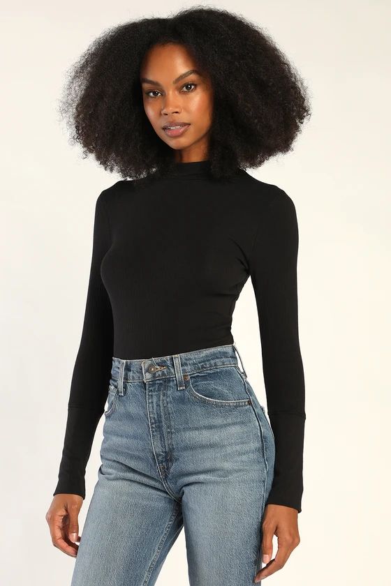 The Rickie Black Ribbed Mock Neck Long Sleeve Top | Lulus (US)