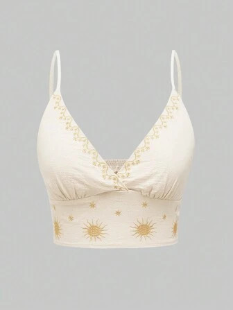 ROMWE Hippie Sommer Oberteil für Damen mit Sonnenstickerei Crop Top Camisole | SHEIN