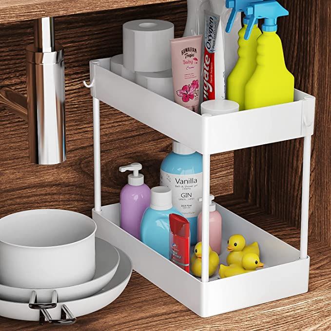 Under Sink Organizer, Under Bathroom Sink Storage 2 Tier Organizer Bath Collection Baskets with H... | Amazon (US)
