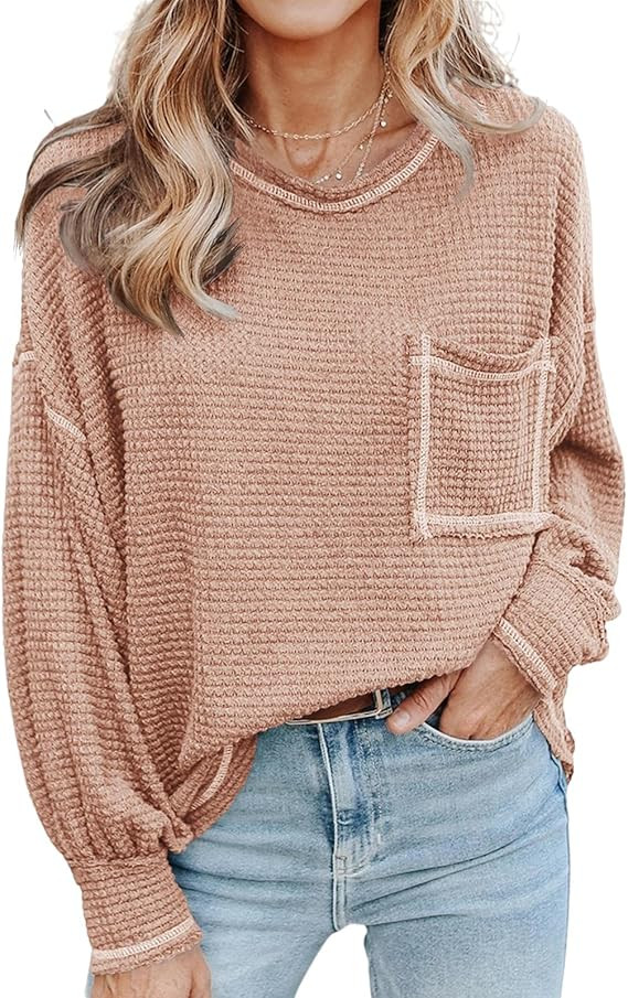 Dellytop Women's Oversized Long Sleeve Waffle Knit Tshirts Crewneck Batwing Loose Tunic Tops with... | Amazon (US)