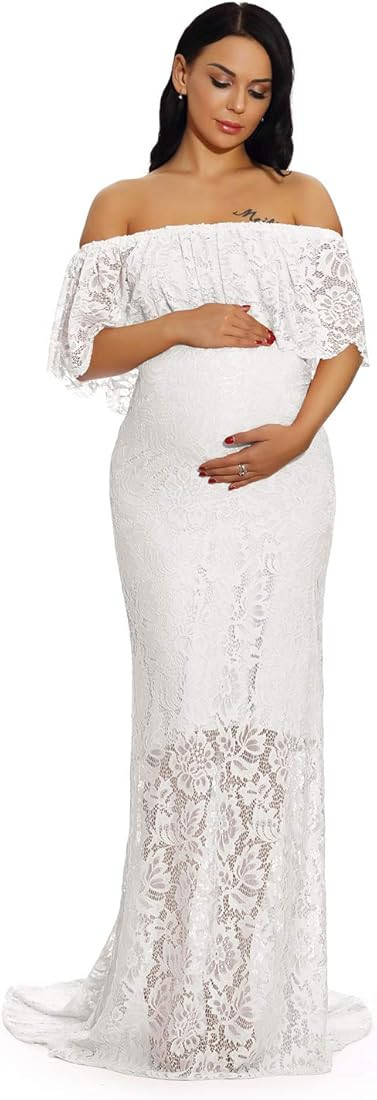 ZIUMUDY Women's Off Shoulder Ruffles Lace Maternity Gown Maxi Photography Baby Shower Dress | Amazon (US)