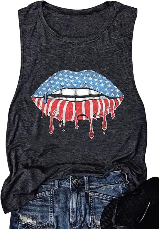American Flag Print Tank Tops Women Lips Graphic Sleeveless Patriotic T-Shirt Round Neck 4th of J... | Amazon (US)