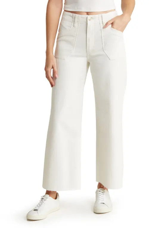 PAIGE Anessa Raw Hem High Waist Crop Wide Leg Utility Jeans in Tonal Ecru at Nordstrom, Size 33 | Nordstrom