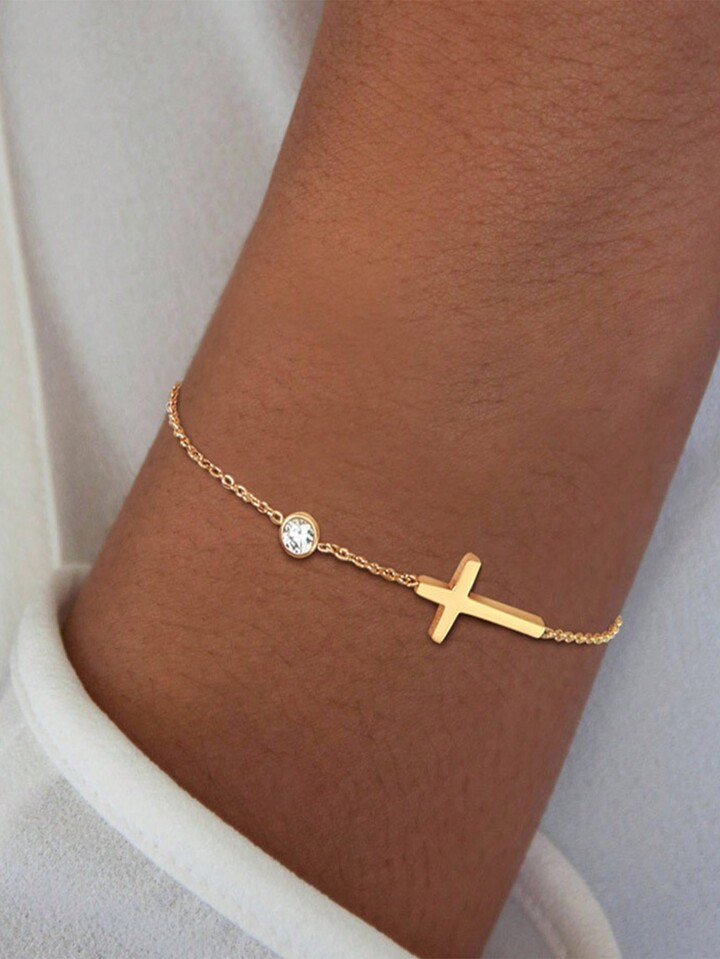 1pc Gold-toned Elegant & Simple Cross Bracelet With Adjustable Chain Link For Women | SHEIN